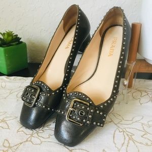 Prada Milano Taupe Block Heel w/ Studs and Buckles